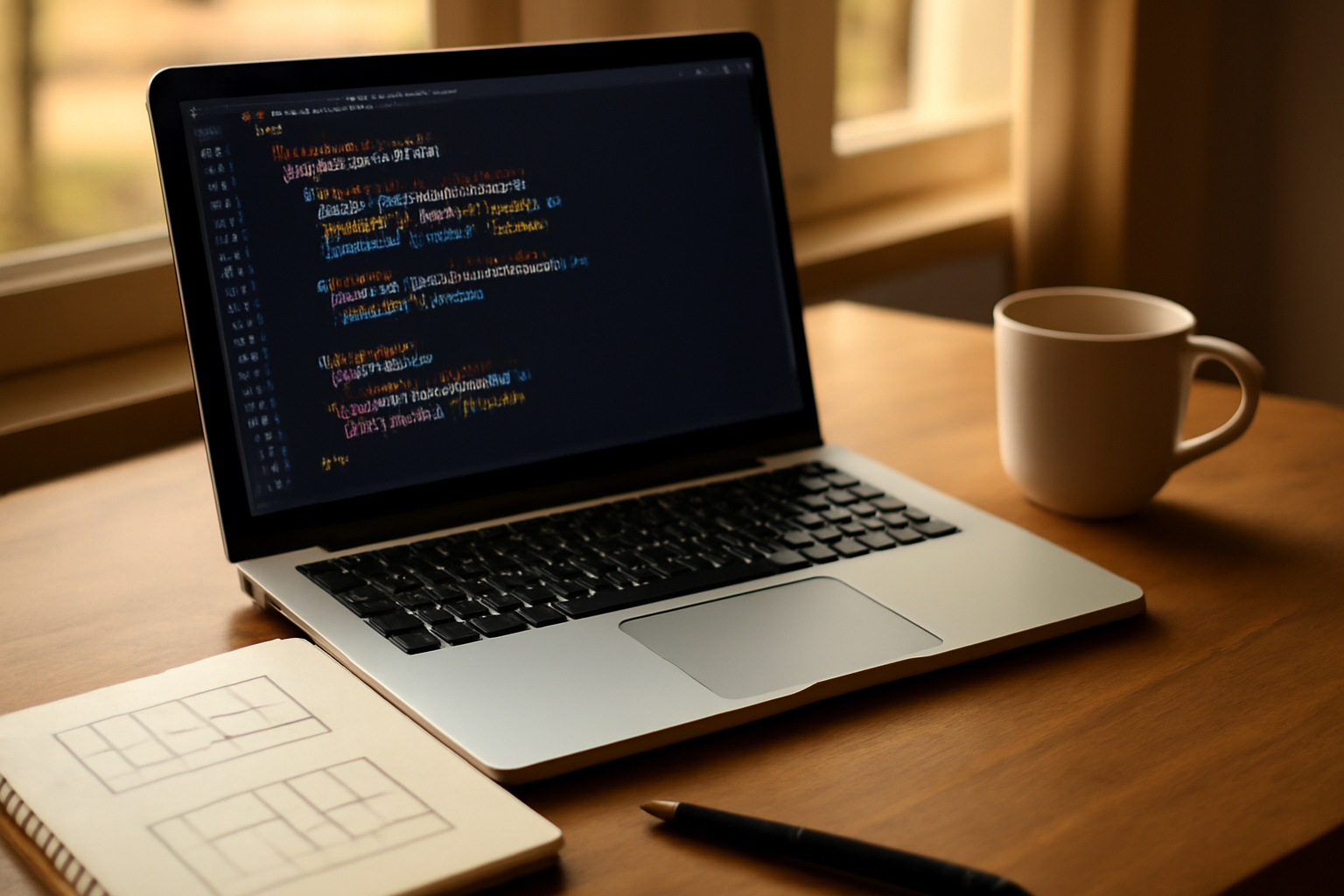 Meja kerja developer dengan laptop menampilkan kode CSS Grid dan sketsa layout di buku catatan