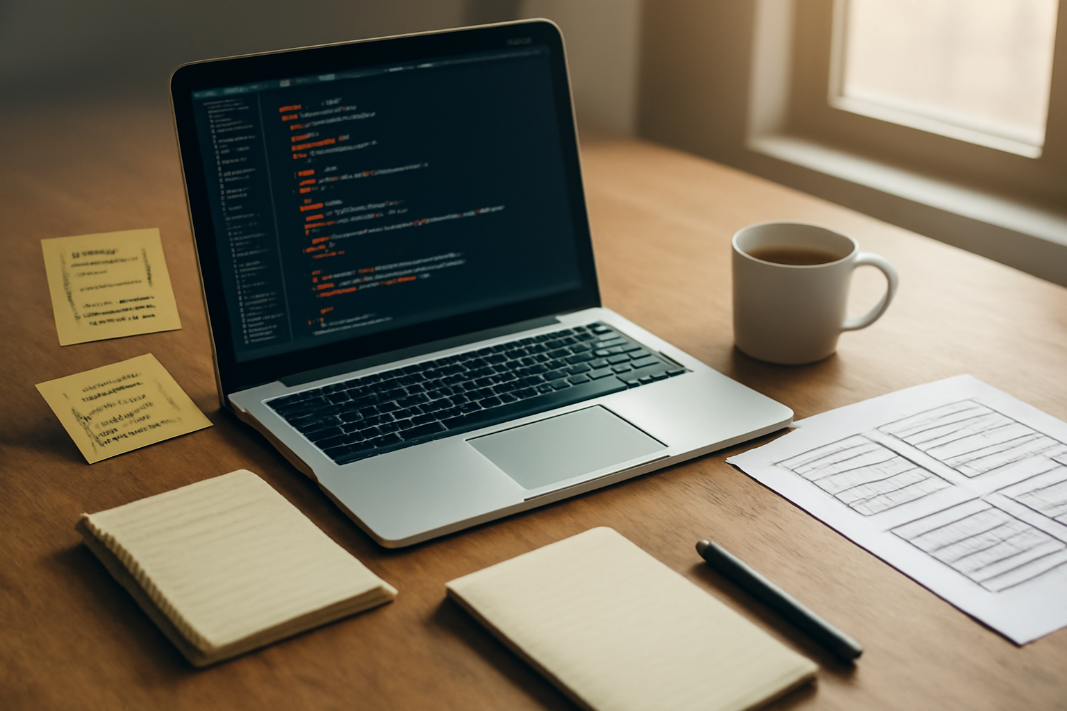 Meja kerja developer dengan laptop berisi kode CSS dan sketsa layout untuk latihan position