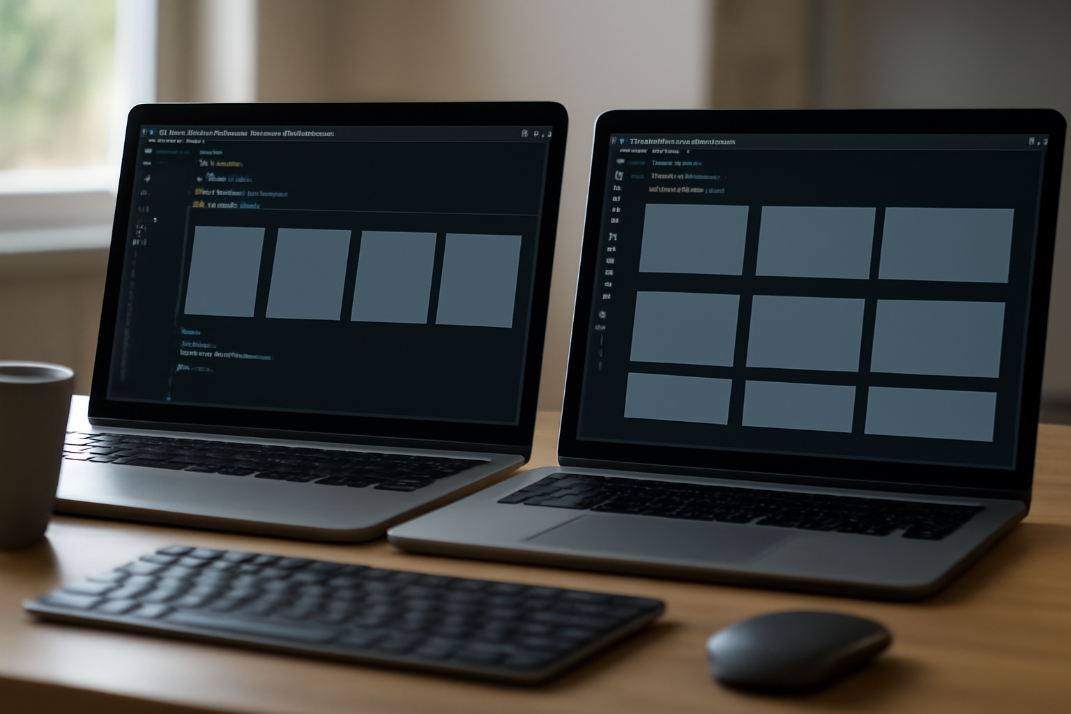 Dua laptop menampilkan perbandingan layout Flexbox dan CSS Grid di meja kerja developer