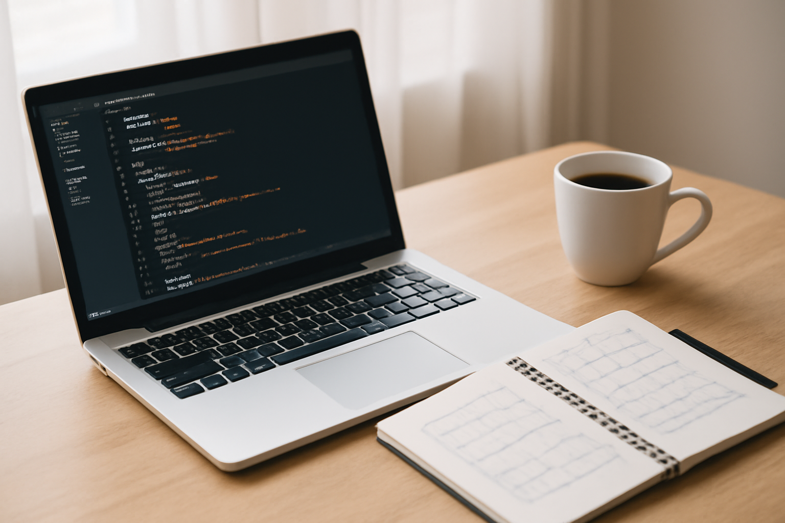 Meja kerja dengan laptop menampilkan editor kode CSS dan sketsa layout