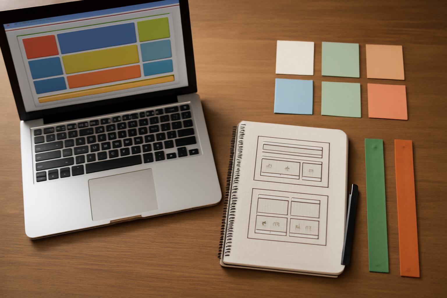 Meja kerja developer dengan sketsa layout kolom dan kode CSS di layar laptop