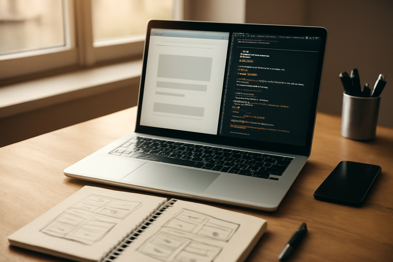 Meja developer dengan laptop menampilkan editor kode dan pratinjau layout web sederhana